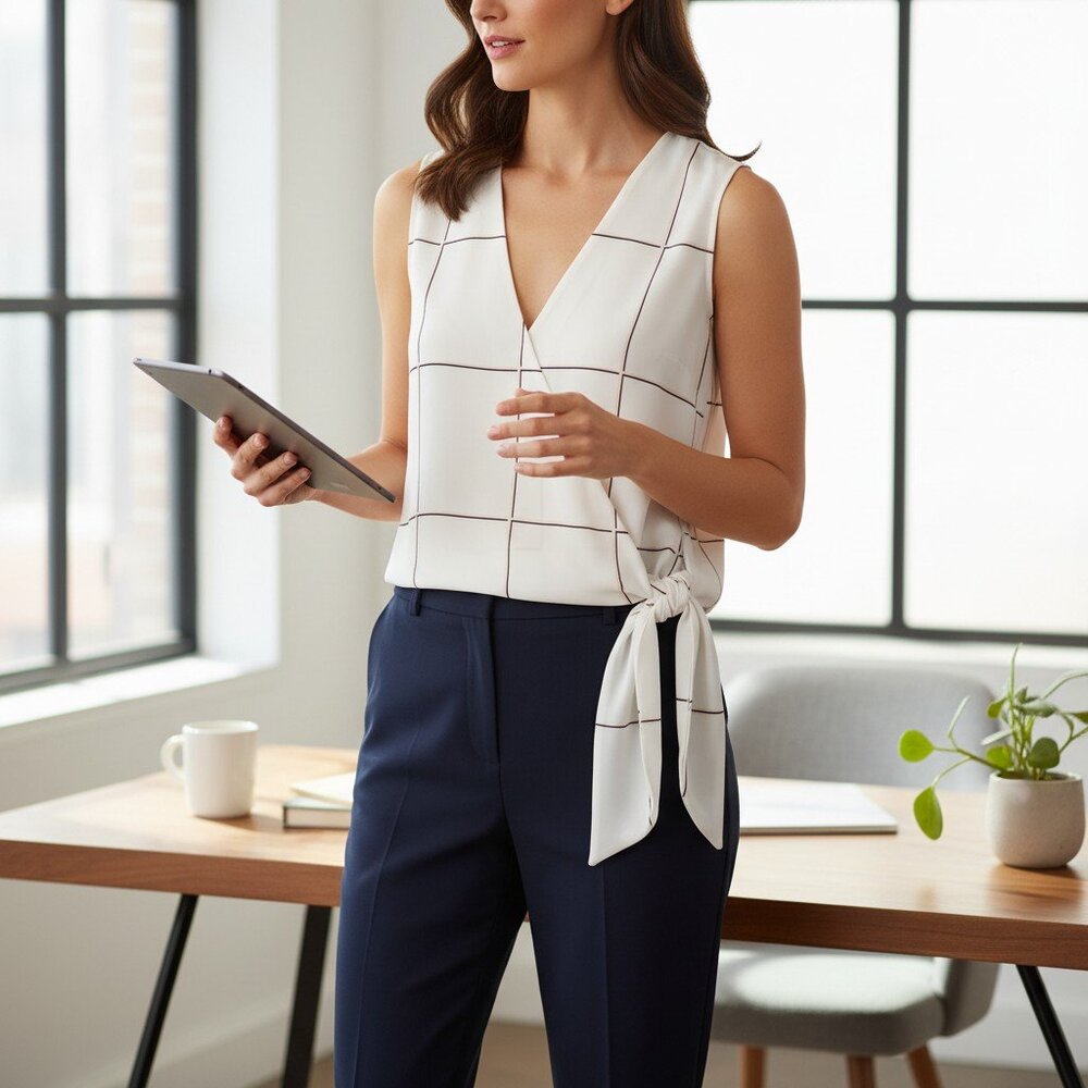 Trouvé Cream Windowpane Wrap Blouse Size S | Sleeveless Side Tie Minimalist Top